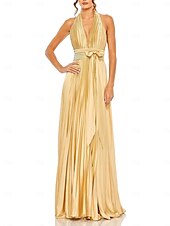 abordables Robes pour invitées de mariage-Robes d&#039;Invité de Mariage Or Fuselée Élégante Robe Formelle Costume Cravate Noire Longueur de Sol Sans Manches Col Halter Charmeuse avec Nœud(s) Plis
