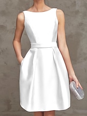 preiswerte Cocktailkleider-A-Linie Cocktailkleider Partykleid Hochzeitsgast Abschluss Kurz  Mini Ärmellos Boot-Ausschnitt Pink Kleid Satin V-Rücken mit Falten Kleidern