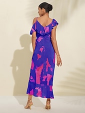 abordables Robe de cocktail-Robe mi-longue à basque pour femmes, tenue d&#039;invité de mariage, violet, orange, manches courtes, volants fleuris, cravate sur le devant, printemps &amp;amp; été asymétrique romantique s m l