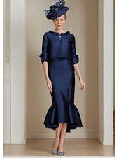 abordables Ensembles de robes pour maman-Ensemble deux pièces Robe Sirène Mère de la Mariée Robe de cérémonie d&#039;invité de mariage Élégante Encolure ornée Mi-longue Satin Manche mi-longue avec Boutons Robe Derby Robe de jour de course 2025