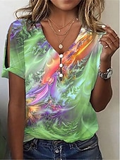 economico Maglietta Arte &amp; Design-Per donna maglietta Colorato a macchie Di tendenza Moderno Manica corta A V Top regolari Giornaliero Bottoni Stampa Rosso Blu Viola Verde Estate