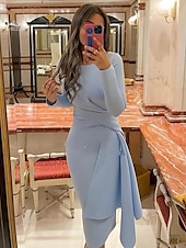 economico Abiti da cocktail-Abiti da cocktail scivolati per matrimoni in spiaggia abito elegante formale autunno lunghezza ginocchio manica lunga scollo gioiello tessuto elasticizzato con pieghe abiti Derby arricciati 2025