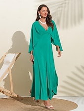 economico Abiti per le feste-abito lungo in chiffon per feste/invitati a matrimoni da donna, verde, scollo a V, maniche a dolman, design a mantello, per stupire 2024