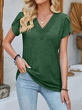 abordables Camiseta lisa-Mujer Camisa Tops elegantes Plano Elegante Manga Corta Escote en Pico Tops regulares Diario Encaje Rosa Verde Oscuro Caqui Gris Verano