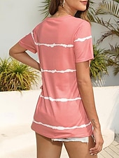 abordables T-shirt rayé et géométrique-t-shirt femme décontracté imprimé manches courtes hauts réguliers col en V quotidien noir rose bleu été