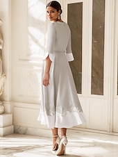 preiswerte Bodenlänge-Strandhochzeit A-Linie Mutter der Braut Kleid Hochzeitsgast Kirche Eleganter V-Ausschnitt Tee-Länge Stretchstoff Halbe Ärmel mit Applikationen 2025 kostenlose Maßanfertigung