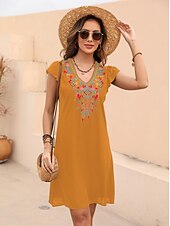 billiga Damklänningar-Dam Svart klänning Mini klänning Broderad Cocktailfest Datum Semester Ledigt Boho V-hals Kortärmad Fjäril Svart Vit Orange Färg