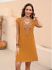billiga Damklänningar-Dam Svart klänning Mini klänning Broderad Cocktailfest Datum Semester Ledigt Boho V-hals Kortärmad Fjäril Svart Vit Orange Färg