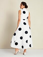 preiswerte Blumenkleider-Damen blusenkleid Saum Maxi Maxidress Weiß Ärmellos Punkt Tasche Bindegürtel Sommer Kargen Casual S M L