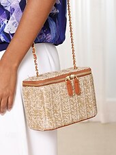 economico Borsette e borse tote-Per donna Borsa a tracolla Borsa Borsa di paglia Paglia Feste Per eventi Spiaggia Catenina Floreale Massima capacità Tinta unica Color Block Marrone scuro Nero Bianco