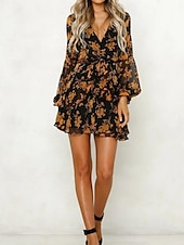 preiswerte Elegante Blumenkleider-Damen Freizeitkleid Blumendruck V-Ausschnitt Minikleid Stilvoll Casual Täglich Date Langarm Herbst