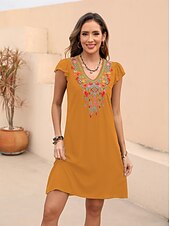 billiga Damklänningar-Dam Svart klänning Mini klänning Broderad Cocktailfest Datum Semester Ledigt Boho V-hals Kortärmad Fjäril Svart Vit Orange Färg