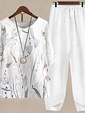 voordelige Basisshirts voor dames-Overhemd Set Dames Wit Blozend Roze blauw Flora 2-stuks Afdrukken Straat Dagelijks Modieus Ronde hals Normale pasvorm S