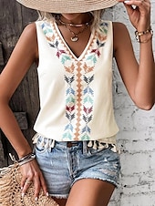 billige Boho t-skjorte-Dame Singleter Fritid Ermeløs V-hals Vanlige topper Daglig Trykt mønster Svart Hvit Rosa matt-hvit Sommer
