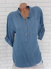 cheap Shirts-Women&#039;s Shirt Cotton Linen Shirts Button Up Blouse Plain Fashion V Neck Street Daily Buttons Pocket White Red Blue Beige Summer