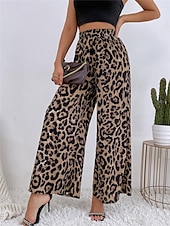 billiga breda ben och hög midja-Dam Brett skaft Byxor Streetwear Ledigt Lång Hög midja Blommig Leopard Ficka Tryck Elastisk dragsko-design Mateial som andas Mjuk Microelastisk Semester Gata Dagliga kläder Leopard Blå Sommar Vår