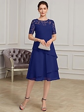 abordables Longueur du thé-Robe mère de la mariée A-Line élégante formelle à col bijou longueur thé en chiffon à courte manche avec dentelle taille sur mesure gratuite