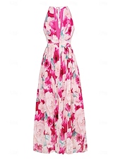 cheap Elegant Floral Dresses-Women&#039;s Maxi Dress Sleeveless Halter Neck Floral Pink White Pleated Belted Lightweight Spring Summer Wedding Party Elegant Flowy Full-Length Clothing Apparel