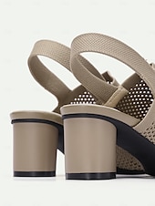 billige Uformelle sandaler-kvinners beige peep toe slingback hæler - stilige strikkede blokkhælsandaler