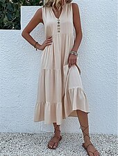 preiswerte Kleider aus Baumwolle und Leinen entwerfen-Damen Schwarz Gelb Blau Sommer Frühling Maxikleid Leinen-inspirierte Kleider Freizeitkleid Sommerkleid Basic Modern Täglich Wochenende Lässiger Schnitt Einfach V Ausschnitt