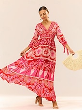 cheap Vacation Dresses-Women&#039;s Graphic Tiered Bow V Neck Puff Sleeve Maxi Dress Elegant Stylish Vacation 3/4 Length Sleeve Summer