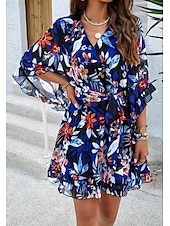 billiga Casual blommiga klänningar-kvinnors omlottklänning blommig volang bälte v-ringad fladderärm miniklänning elegant daglig 3/4 lång ärm sommar