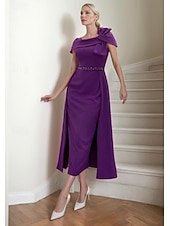preiswerte Bodenlänge-Sheath Brautmutter Kleid Elegantes Quadrat-Ausschnitt Tee-Länge Stretch-Stoff Kurzarm mit Schleife(n) Tier Einfarbig Rennsport Kleid kostenlose Maßanfertigung