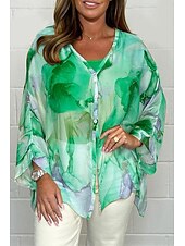 cheap Women&#039;s Graphic Tops-Women&#039;s Blouse Elegant Ombre Buttons Flutter Sleeve Long Sleeve Regular Tops V Neck Daily Pink Blue Orange Green Summer Fall