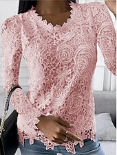 preiswerte Elegante Oberteile-Hemd Bluse Elegante Oberteile Damen Weiß Rosa Wein Glatt Spitze Strasse Täglich Modisch Rundhalsausschnitt Regular Fit S