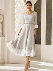 preiswerte Bodenlänge-Strandhochzeit A-Linie Mutter der Braut Kleid Hochzeitsgast Kirche Eleganter V-Ausschnitt Tee-Länge Stretchstoff Halbe Ärmel mit Applikationen 2025 kostenlose Maßanfertigung