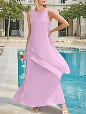 preiswerte Bodenlänge-Strandhochzeit Etuikleid Mutter der Braut Kleid Elegant Einfach Schmuckkragen Knöchellänge Stretch Chiffon Ärmellos mit Stufen Einfarbig kostenlose Maßanfertigung