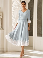 preiswerte Bodenlänge-Strandhochzeit A-Linie Mutter der Braut Kleid Hochzeitsgast Kirche Eleganter V-Ausschnitt Tee-Länge Stretchstoff Halbe Ärmel mit Applikationen 2025 kostenlose Maßanfertigung