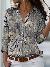 halpa Naisten Boho Topit-Naisten paita elegantti vintage muoti paisley napitettu printti pitkähihainen normaalitoppi kauluskotelo rento päivittäinen loma sininen kevät syksy