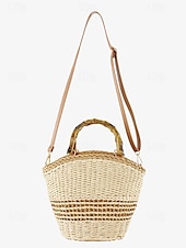 economico Borsette e borse tote-Per donna Borsetta Borsa di paglia Borsa a cupola Paglia Per eventi Spiaggia Viaggi Cerniera Manico in bambù Massima capacità Trasporto multiplo Tinta unica Color Block Marrone chiaro Beige