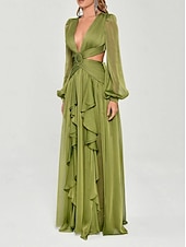cheap GREEN-A-Line Evening Gown Elegant Dress Formal Fall Floor Length Long Sleeve V Neck Chiffon Crisscross Back with Criss Cross Ruffles 2025