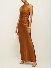 cheap Wedding Guest Dresses-Sheath Wedding Guest Dresses Elegant Dress Formal Black Tie Floor Length Sleeveless Halter Neck Charmeuse Crisscross Back with Ruched 2025