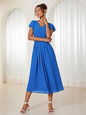 abordables Robe de cocktail-Robe Portefeuille Robe Trapèze Femme Robe mi-longue Ruché A Volants Mariage Soirée Elégant Grande occasion Col V Standard Bleu Vert S M L XL 2XL