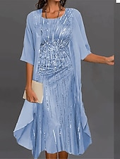 cheap Dress Sets-Women&#039;s Dress Set Chiffon Dress Formal Geometric Print Long Dress Maxi Dress Half Sleeve Crew Neck Party Wedding Guest Pink Blue Green Summer Fall Regular Fit
