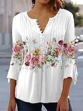 billige Kvinne Grafiske Topper-dameskjorte bluse tilfeldig blomsterknapper print 3/4 lengde erme vanlige topper rund hals ferie daglig hvit rosa blå grønn vår &amp;amp; sommer