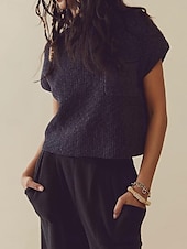 abordables Colores sólidos-Mujer Chaleco suéter Elegante Casual Color sólido Estriado Cuello Alto Bolsillo Mangas cortas Tops regulares Tejer Trabajo Negro Verde Ejército Verano