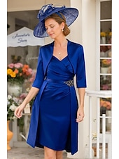preiswerte Mit Jacke-Zweiteiliges Kleid Mutter der Braut Elegantes kleines Kleid V-Ausschnitt Knie-lang Satin 3/4-Langen Ärmel mit Band  Schleife Raffung einfarbig 2025 kostenlose Maßanfertigung