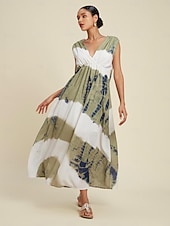 economico Abiti da vacanza-Per donna Abito Elegante Abito Lungo Maxi Abito Verde Senza Maniche Sfumatura Stampa Estate Scollo a V Vacanza Casual Quotidiano S M L