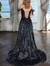 abordables NOIR-Robe de soirée A-Line élégante Robe de mariée formelle longueur de sol sans manches décolleté en V ornée de sequins avec perles robe de masquerade 2025