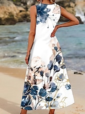 abordables Robes fleuries-Robe longue maxi femme robe d&#039;été robe à bretelles robe d&#039;été décontractée vacances fête décontractée coupe ample floral sans manches col rond bleu marine été