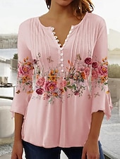 billige Kvinne Grafiske Topper-dameskjorte bluse tilfeldig blomsterknapper print 3/4 lengde erme vanlige topper rund hals ferie daglig hvit rosa blå grønn vår &amp;amp; sommer
