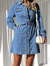 halpa Farkkumekot-Naisten Farkkumekko Paitamekko Mini mekko Deitti Loma Denim Perus Moderni Paitapuserokaula-aukko nappi Tasku Pitkähihainen Kesä Kevät Normaali Tavallinen