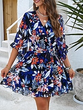 billiga Casual blommiga klänningar-kvinnors omlottklänning blommig volang bälte v-ringad fladderärm miniklänning elegant daglig 3/4 lång ärm sommar