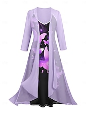 abordables Conjuntos de vestir-Mujer Conjunto de vestido Vestido informal Vestido Estampado Moda Casual Floral Estampado Vestido Midi Manga 3/4 Escote en Pico Exterior Vacaciones Negro Blanco Morado Verano Primavera Holgado