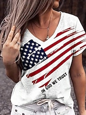  Unabhängigkeitstag Patriotisches Damen T-Shirt Lässig Flagge Rot Weiß Blau Kurzarm Reguläre Oberteile V-Ausschnitt Täglich Weiß Sommer