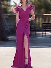 preiswerte lila-Sheath Abendkleid Elegantes Kleid Karneval Formal Bodenlang Ärmellos V-Ausschnitt Stretch-Crépe mit Feder Maskeradenkleid 2025